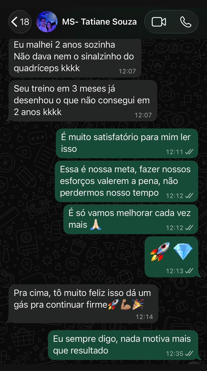 Print de feedback de aluna via WhatsApp